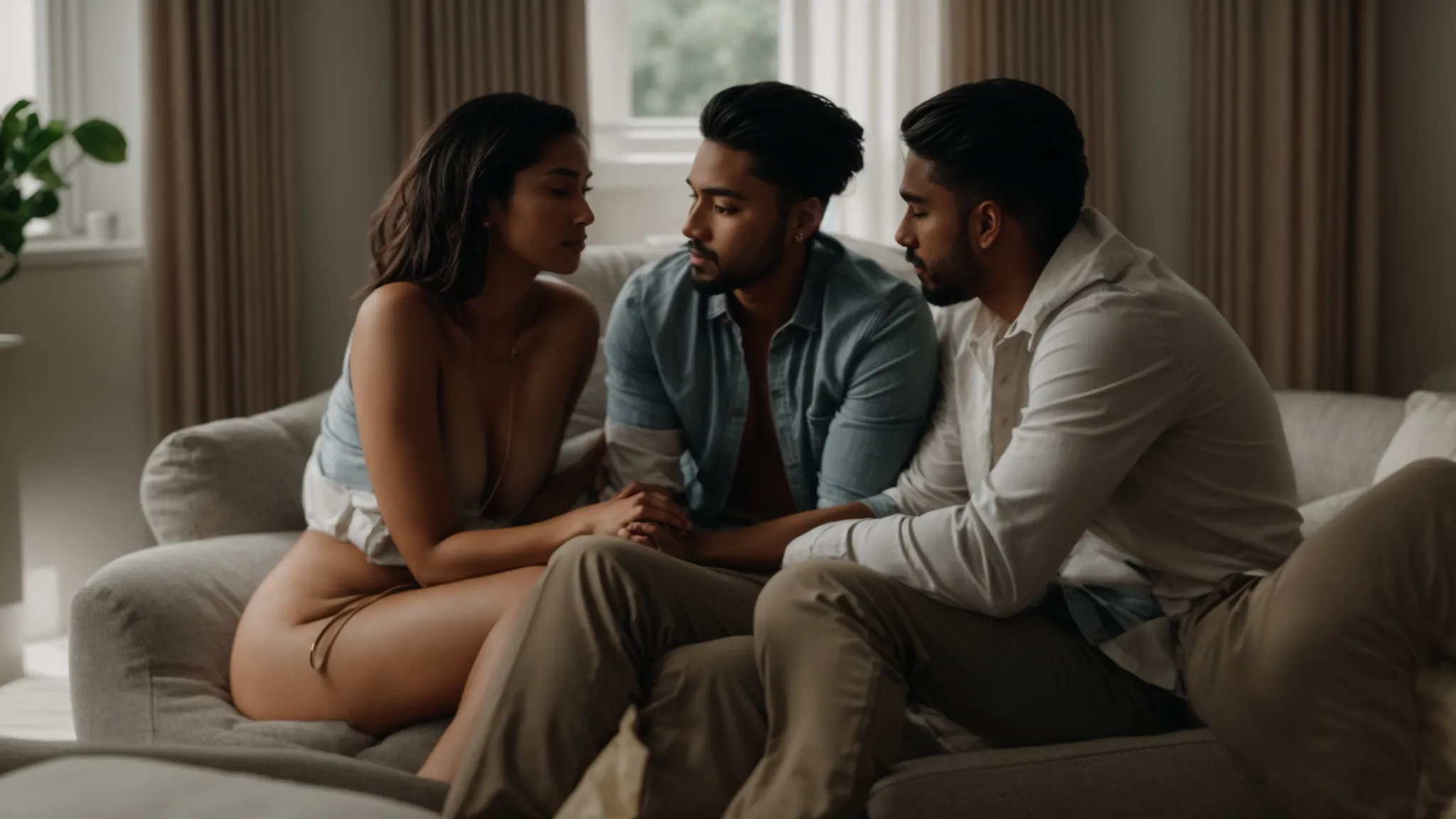 a couple engaged in deep conversation with a therapist during a sex therapy session.