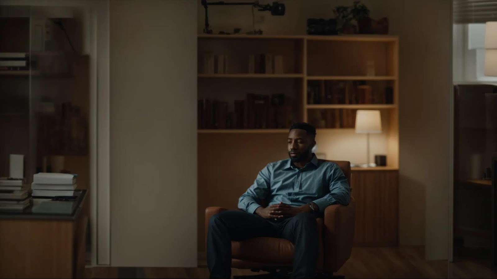 a person sitting in a comfortable chair in an office, listening attentively to a potential sex therapist in cincinnati.