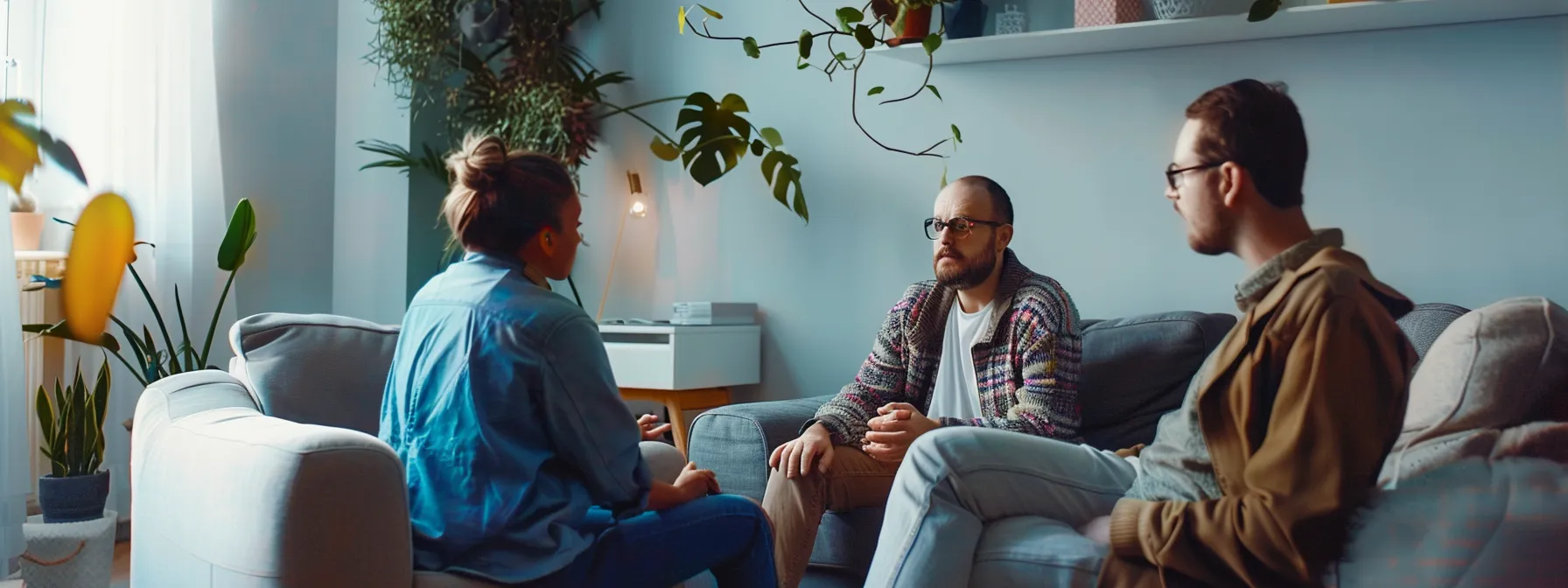 a couple sitting in a calm therapy room, engaging in a meaningful conversation with a therapist.