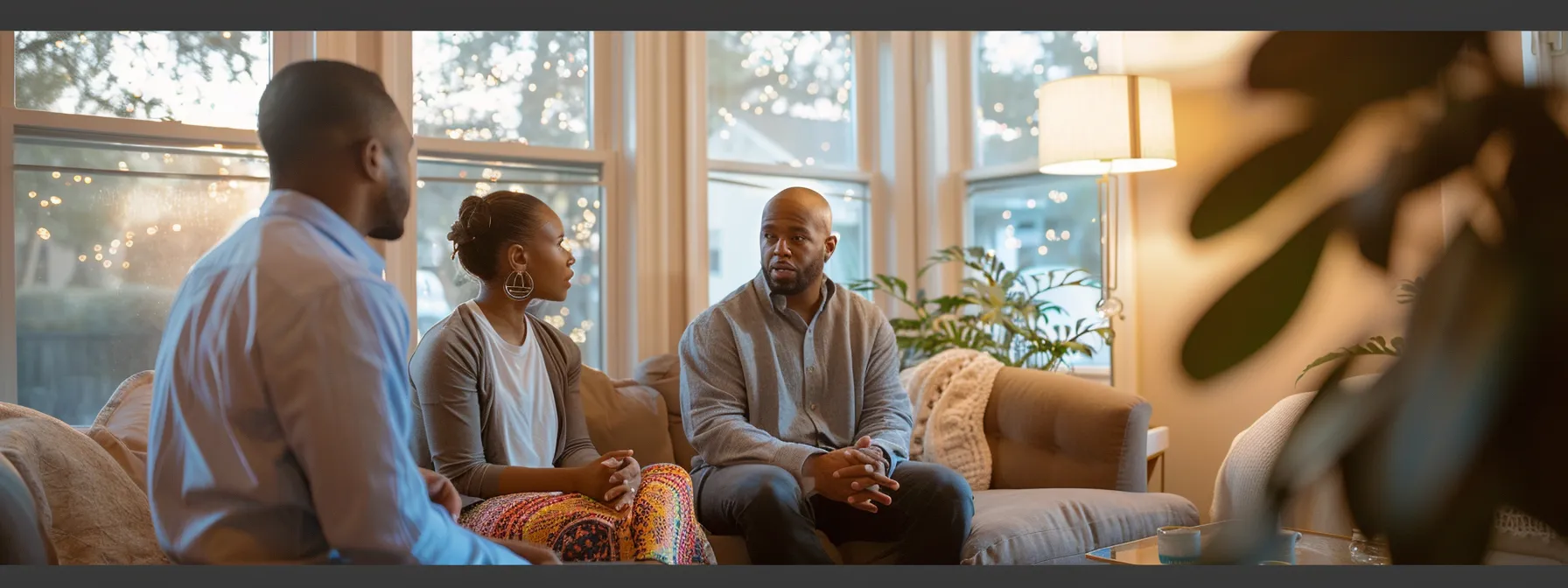 a couple sits together in a cozy therapy room, engaged in deep conversation with a compassionate therapist, surrounded by calming decor and soft lighting.