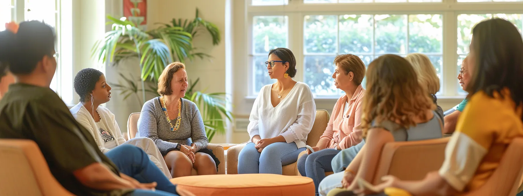 a diverse group of therapists engaged in open and empathetic conversations with their clients in a peaceful and safe environment.