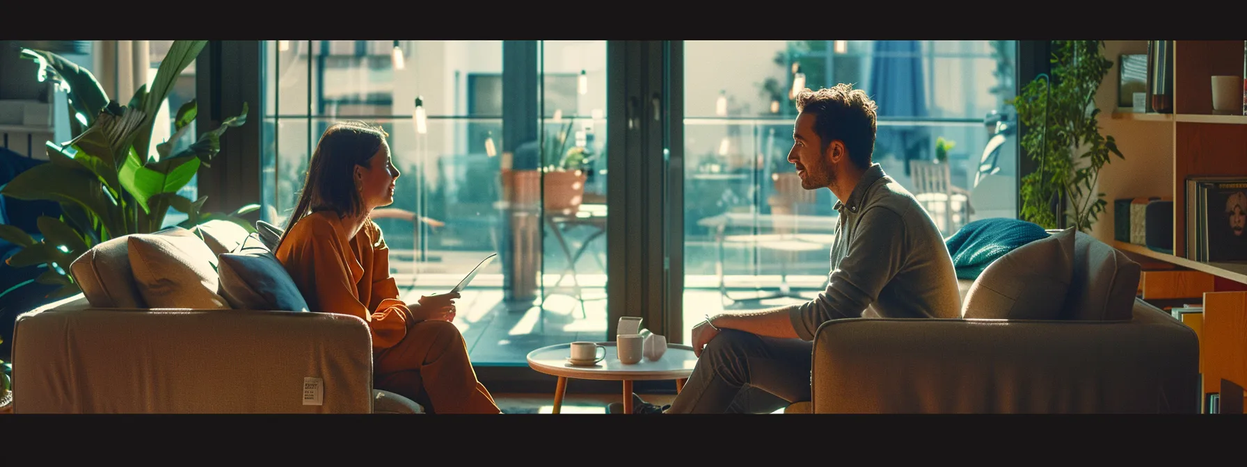 two individuals sitting face to face in a cozy office, engaged in a deep and supportive conversation.