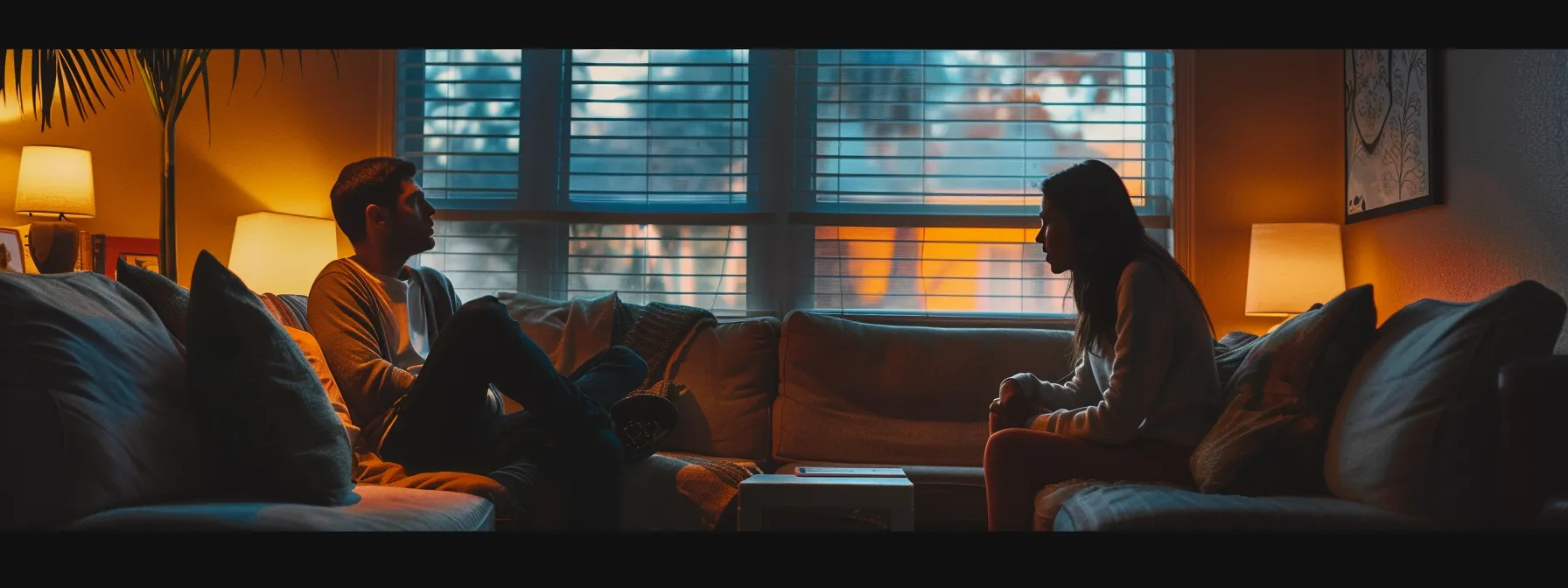 a couple engaged in a deep conversation while sitting on a couch in a therapist's office.