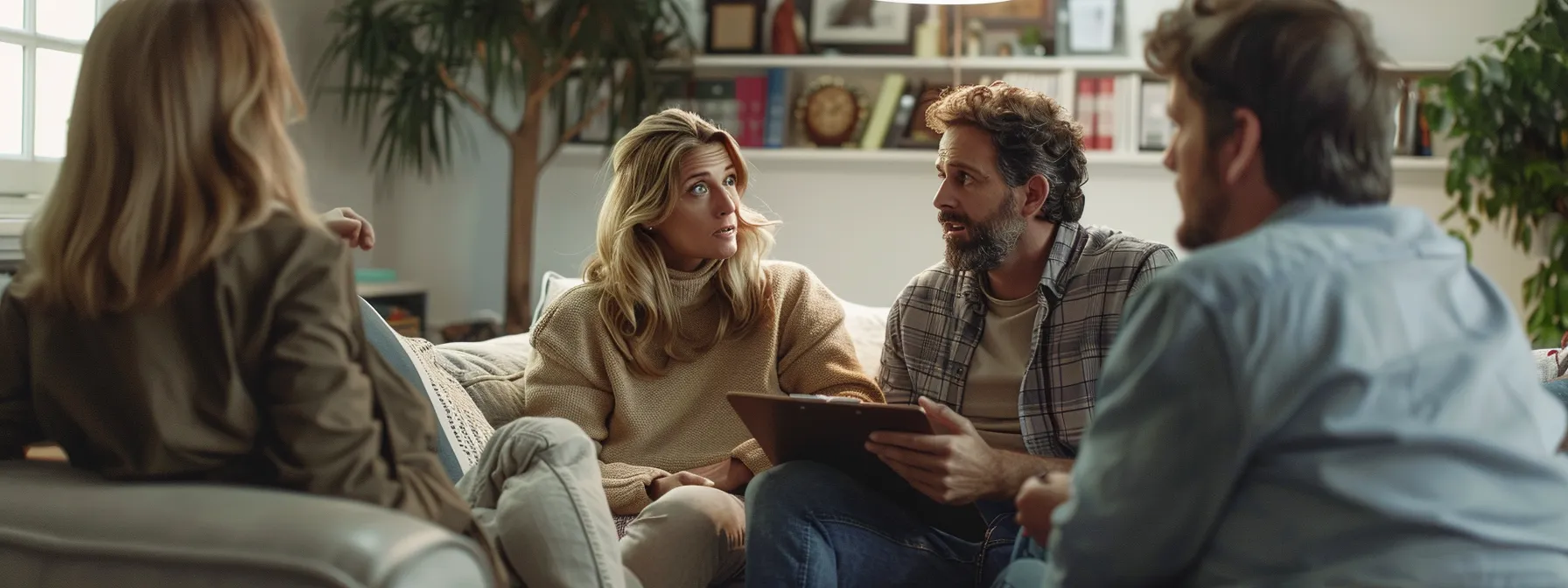 a couple sitting together on a couch in a therapist's office, engaged in a conversation with a therapist holding a clipboard.