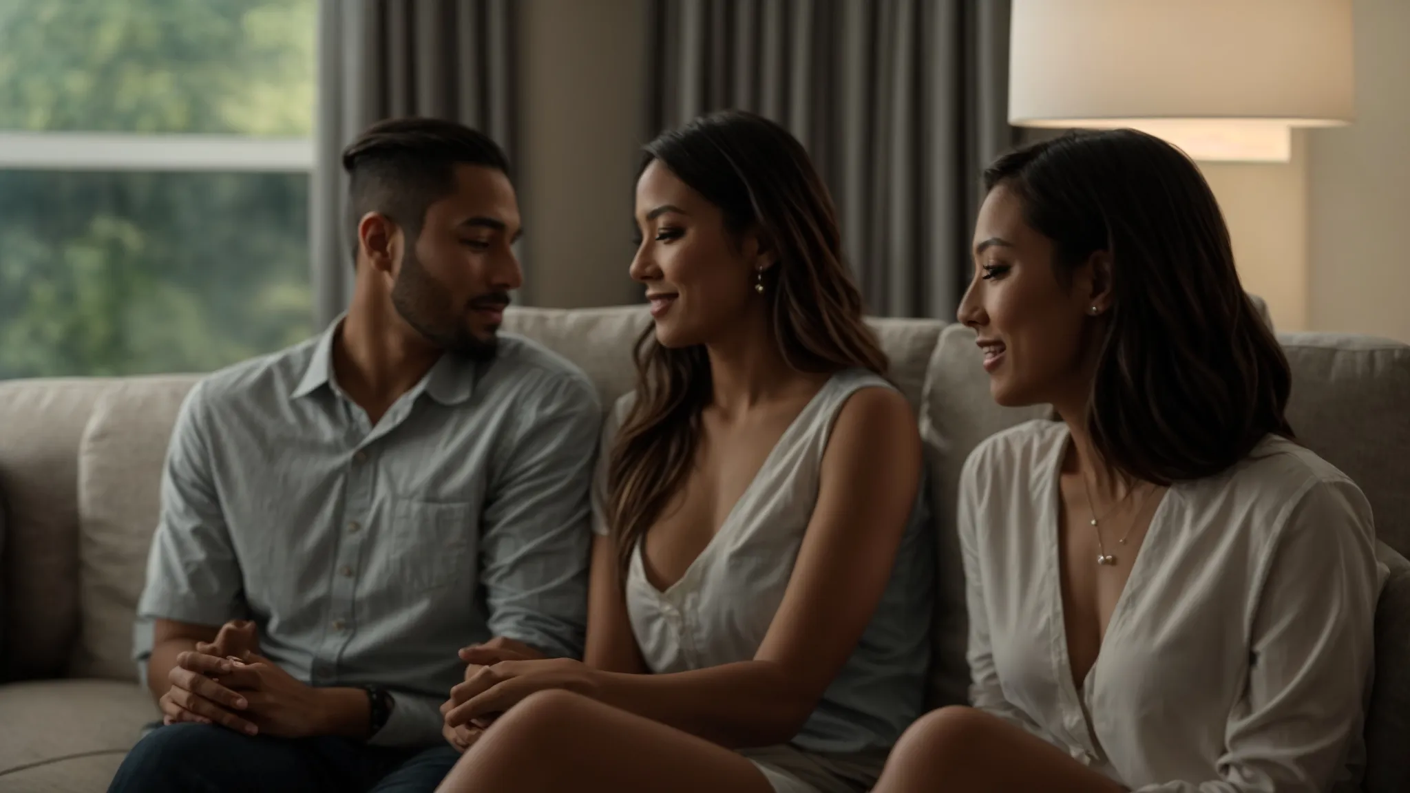 a couple sitting together on a comfortable couch, engaging in deep and meaningful conversation during a cincinnati couples sex therapy session.