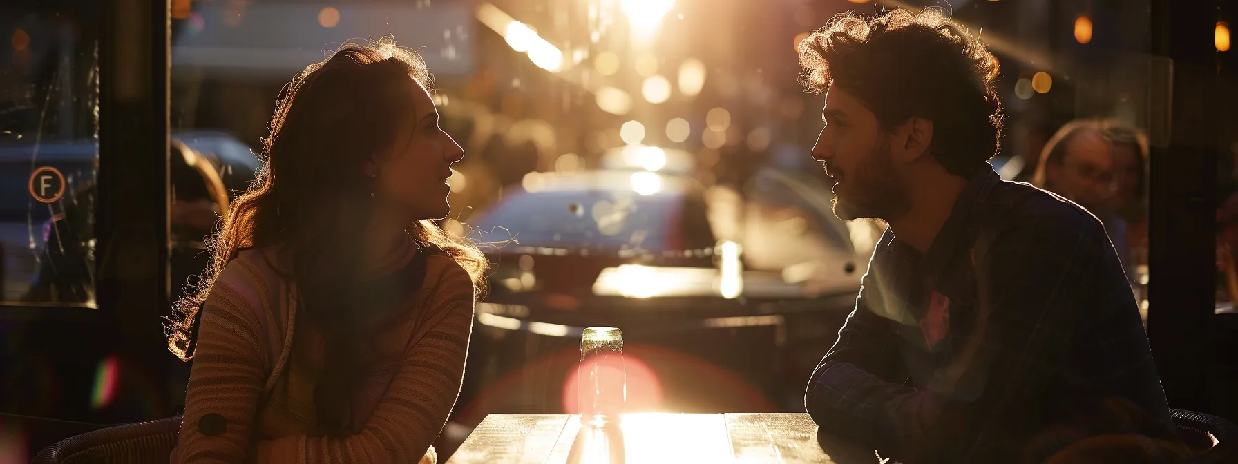 a couple sits facing each other, engaged in deep conversation with expressions of understanding and empathy.