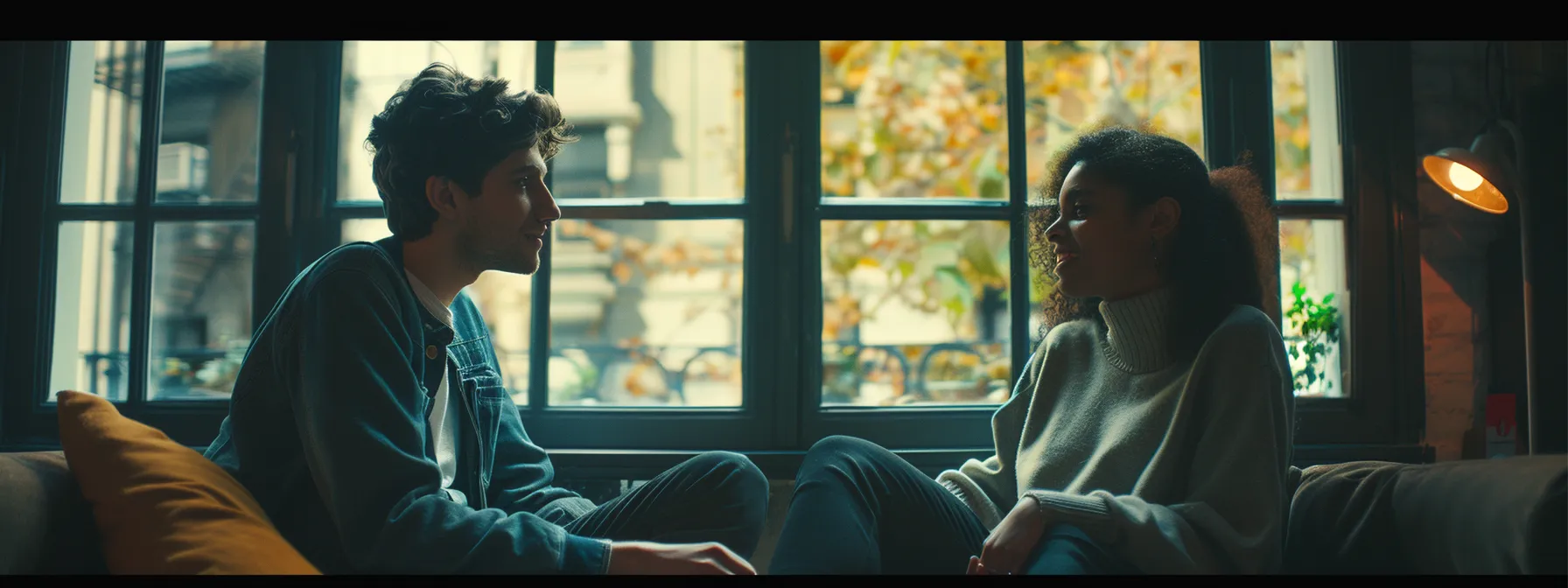 two people sitting face to face, engaging in deep conversation with attentive expressions.