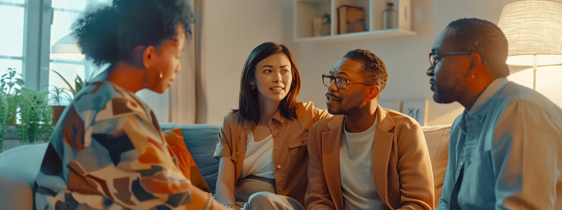 a couple sitting close together, engaged in deep conversation while a therapist listens attentively.