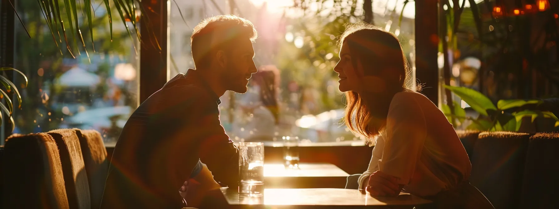 a couple sitting face to face, engaged in a deep and open conversation, surrounded by a warm and inviting atmosphere.