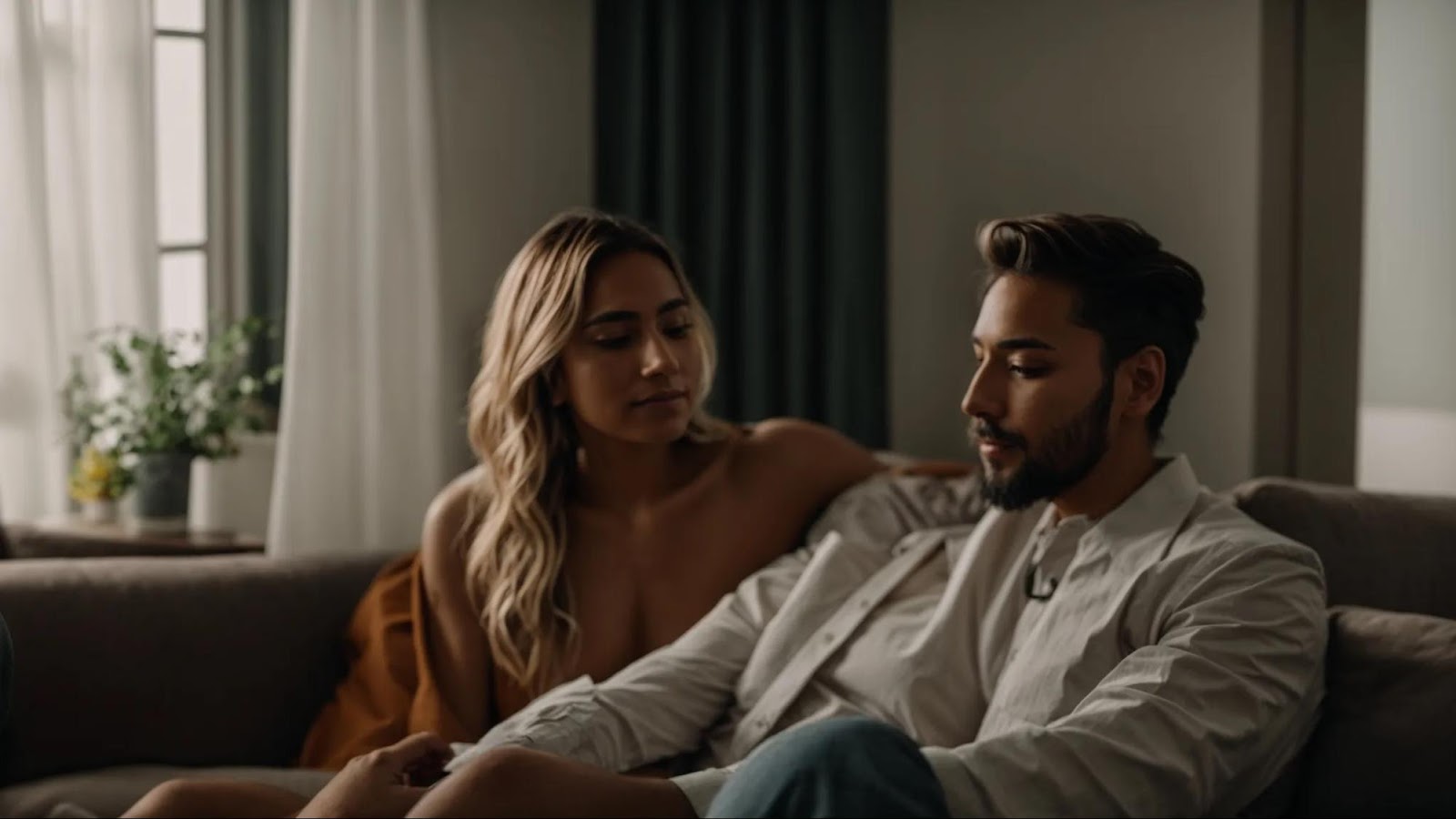 a couple sitting on a couch with a sex therapist, engaging in a conversation about their intimacy and sexual health within their relationship.