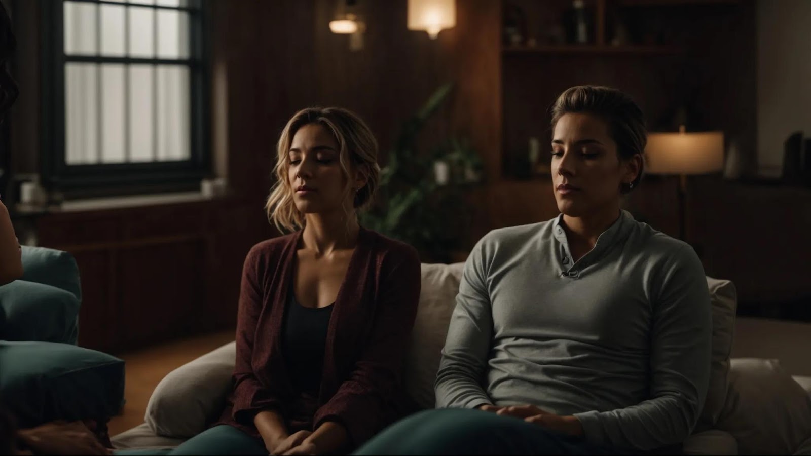 two partners engaging in synchronized breathing during a sex therapy exercise at home.