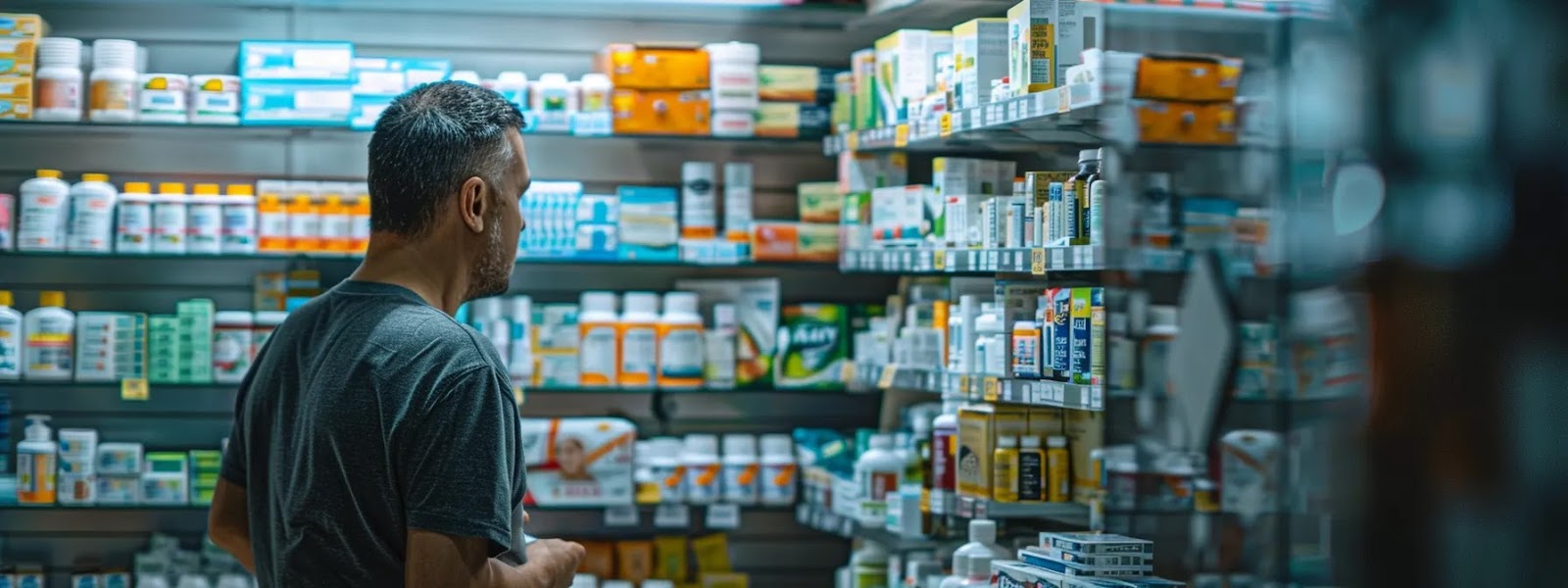 a man selecting from a variety of medication options for erectile dysfunction at a pharmacy counter.