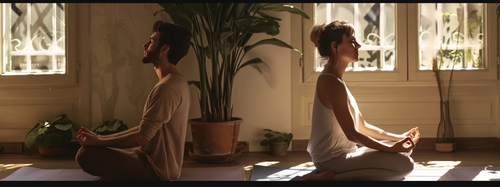 a couple sitting cross-legged on a yoga mat, eyes closed and breathing deeply in a serene and intimate setting.