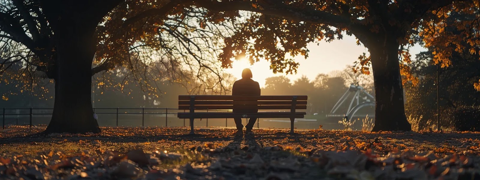 a person sits alone on a park bench, looking lost in thought and distant.