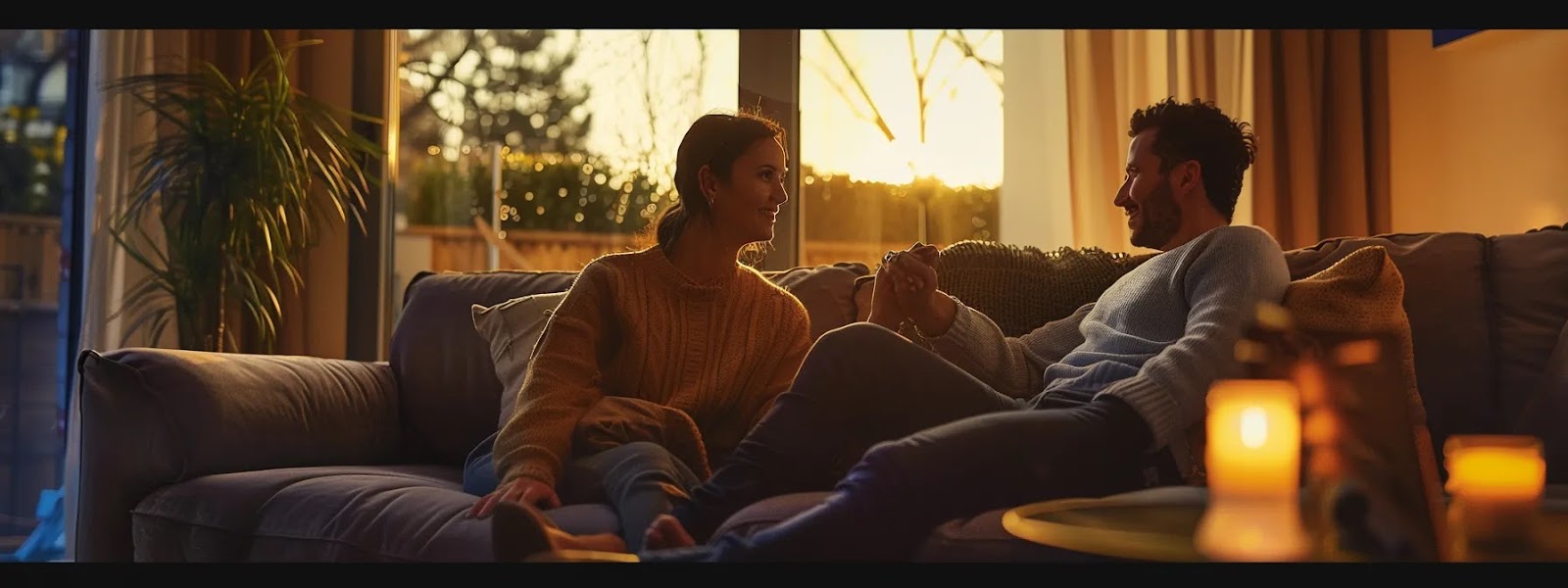 a couple sitting on a cozy couch, holding hands and talking in a safe and supportive environment.