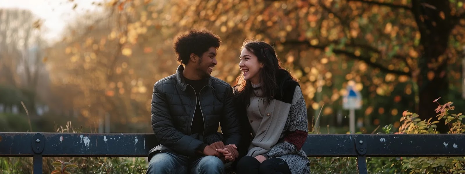 a couple sitting together on a park bench, smiling and holding hands, surrounded by nature.