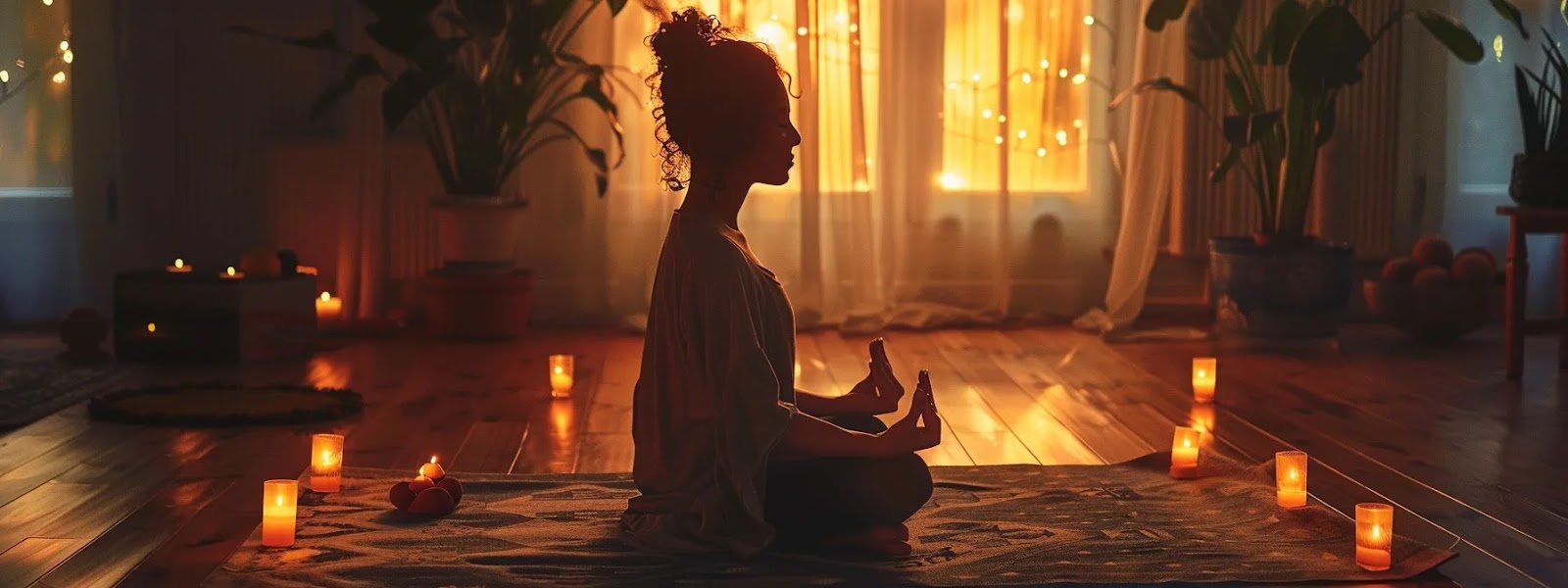 a person sitting cross-legged on a yoga mat, surrounded by candles and incense, with eyes closed in meditation.