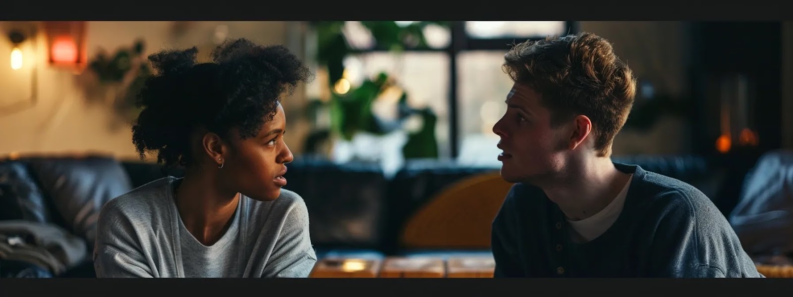 a couple sitting facing each other, engaged in deep conversation with attentive and understanding expressions.