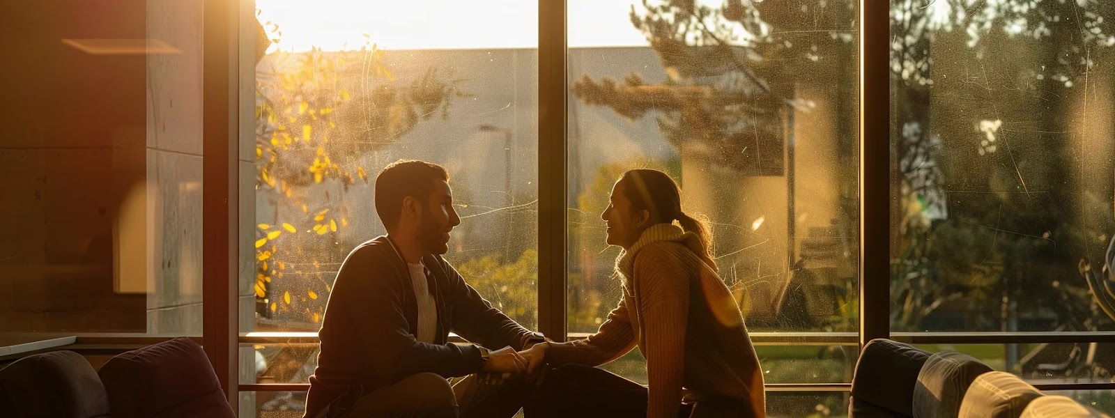 a couple sitting together, engaged in deep conversation and attentive to each other's words.