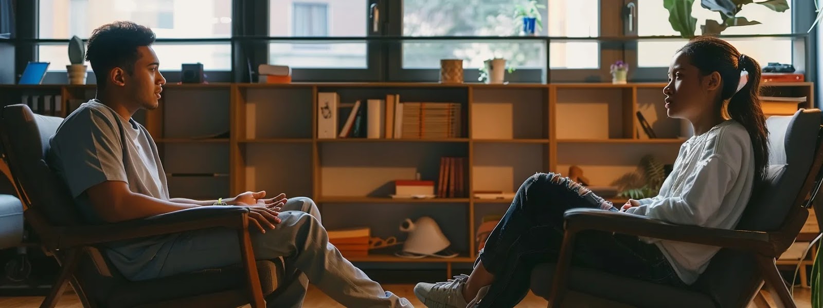 two people sitting facing each other, one nodding and leaning forward attentively while the other speaks, creating a sense of deep connection through active listening techniques.