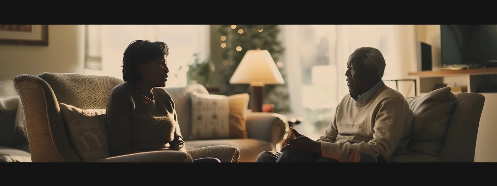 a couple comfortably discussing their needs and boundaries in a private setting.