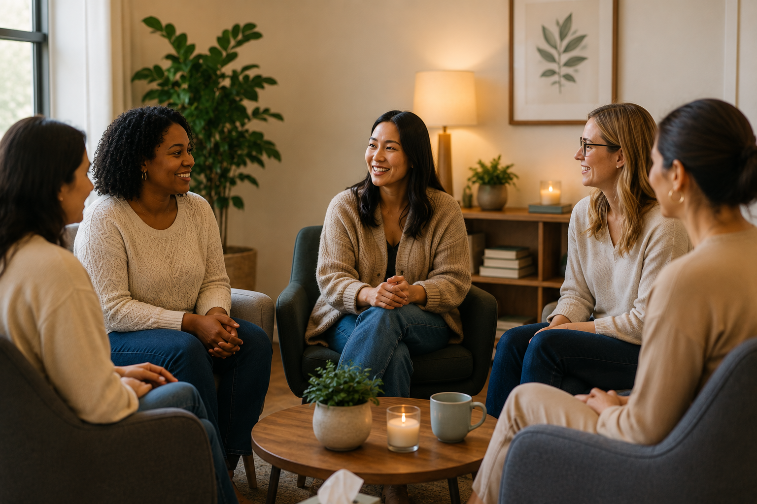 Five women seated in a circle in a comfortable living room, talking together during a support group meeting.
